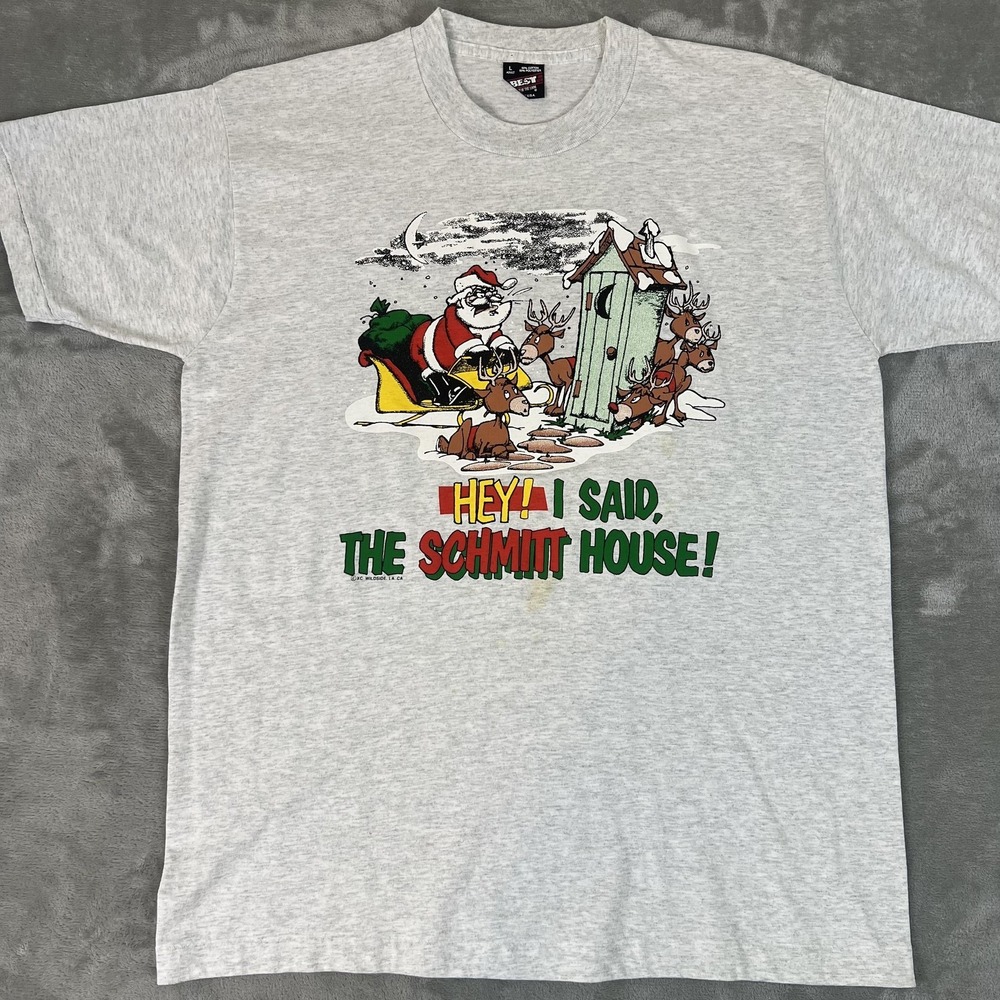 Vintage Fruit Of Loom Santa Schmitt House Shirt Mens Large Gray Christmas Tee